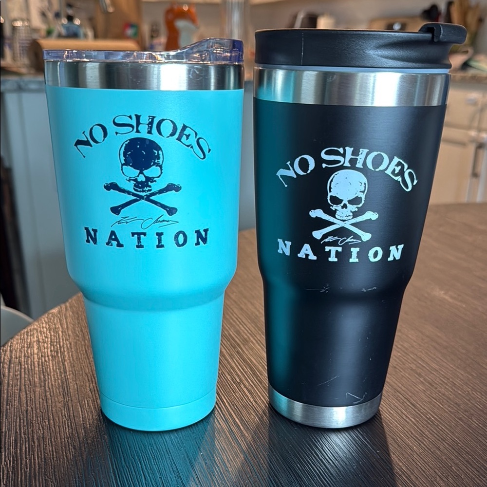 No Shoes Nation Tumblers - Blue and Black. 30oz each